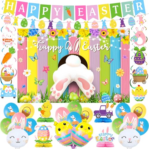 Easter Decorations for Home Happy Easter Banner Buuny Backdrop Chick Balloons Eggs Hanging Swirls Bunny Honeycombs Table Centerpieces Decorations for Office School Easter Ornaments