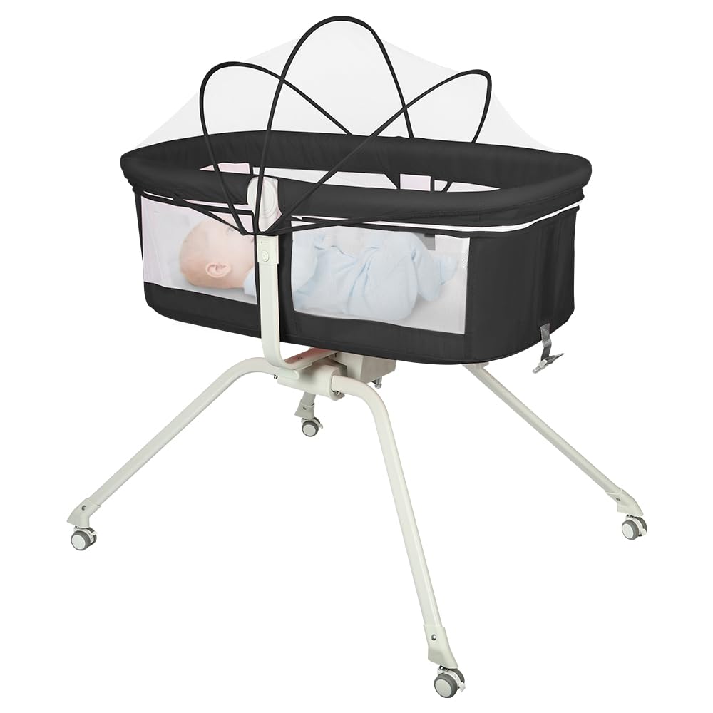 Cuna Colecho Bebé con Colchón y Mosquitera, Altura Ajustable, Cuna Plegable con Ruedas y Función Mecedora, de 0 a 36 Meses（94 * 70 * 80cm,Negro）