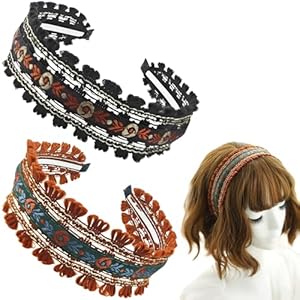 2 PACK Embroidered Headbands for Women, Wide Headbands, Non-Slip Boho Embroidered Floral Hair Hoops Ethnic Flower Head, Floral Lace Headbands