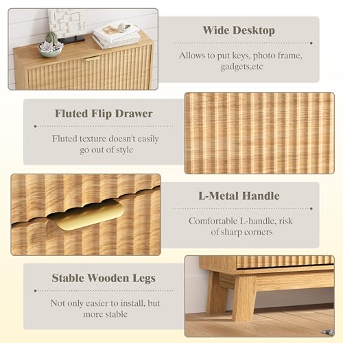 Image of HUANLEGO Shoe Cabinet Storage for Entryway with 2 Flip Drawers, Fluted Narrow Shoe Organizer with Wooden Legs, Freestanding Slim Shoe Storage Hidden Shoe Rack Organizer for Front Door Entrance, Oak
