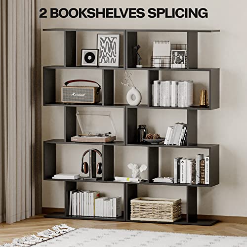 Chf Dpt 5-Tier Geometric Bookcase, Black Wooden Modern Bookshelf With Large Capacity, Freestanding Decorative Tall Bookcase Shelving For Bedroom Living Room, S Shaped Bookshelf With Particleboard #TOP3