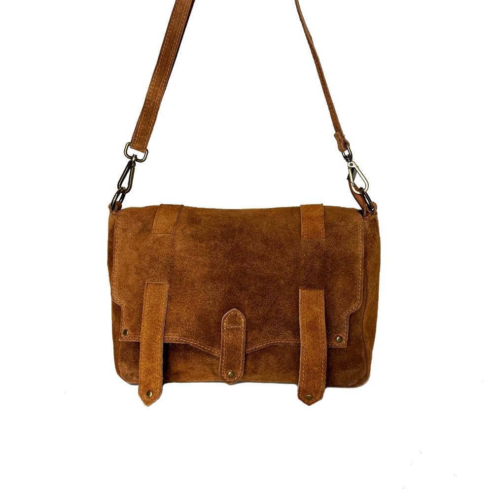 Borsa a Tracolla Donna in Vera Pelle Scamosciata – Stile Messenger con Patta e Tracolla Regolabile – Made in Italy – Elegante, Capiente, Chiusura Magnetica – 32x20x11 cm