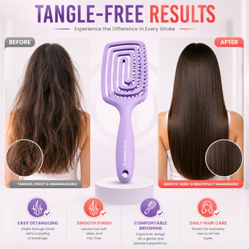 Image of BRAND VILLA Detangling Hair Brush for Women & Men | Anti Hair Fall Comb for Wet & Dry Hair | Flexible Vent Paddle Brush with Scalp Massager | Frizz Control for Curly, Straight, Thick, Long & Wavy Hair (Purple)