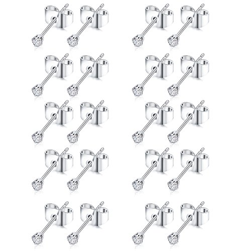 Tornito 10-20 Pairs 20G 2mm Tiny Stud Earrings 316L Stainless Steel Small CZ Ball Earring Set For Men Women