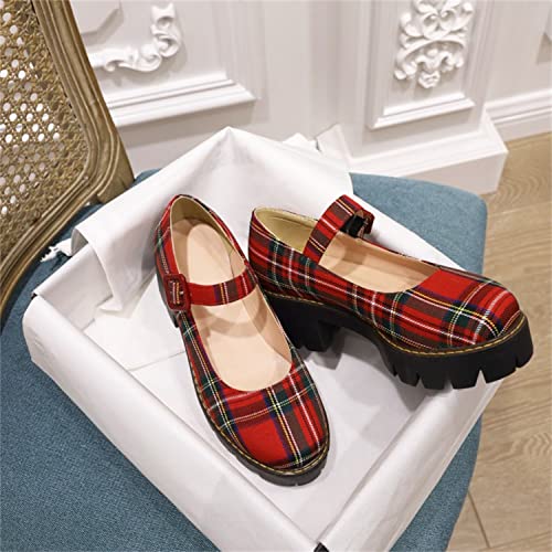 Viuluti Women's Plaid Mary Jane Pumps Round Toe Platform Shoes Chunky Heels Dress Shoes4