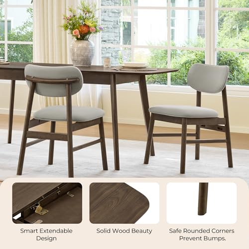 Image of CHITA 59 inch-75 inch Extendable Dining Room Table for 4-6, Modern Wood Dining Table for Small Spaces, Kitchen, Space Saving Hidden Leaves, Solid Rubberwood Frame, Walnut Veneer
