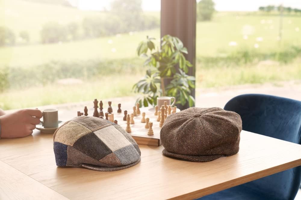Hanna Hats Traditional Irish Tweed Eight Piece Cap. Unisex Newsboy Cap. Button Crown & Taffeta Lining. 100% Made in Ireland.