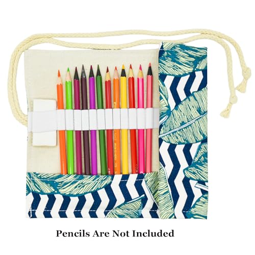 Image of Palm Leaves Canvas Pencil Wrap Case Colored Roll Up Holders Coloring Pencil Organizers for Artist Adult Travel Sketch Storage With 48 Slots(Selva)