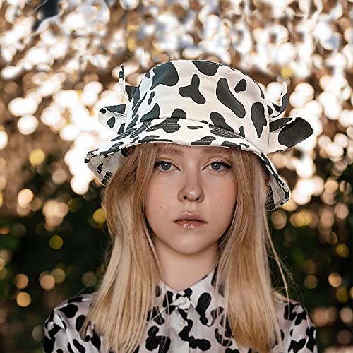 Cow Print Bucket Hat With Ears Horn Cute Animal Hats Cow Earrings For Women Black White #TOP2