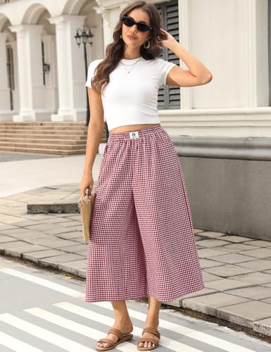 Image of TARSE Women Wide Leg Capri Pants Loose Gingham Plaid Culottes Summer Elastic Waist Palazzo Trousers Bottoms with Pockets