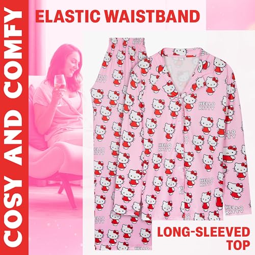 Image of Hello Kitty Pajamas for Women Teens Long PJs Comfy Kawaii Button Down Lounge Set