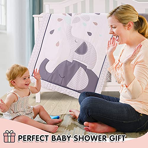 Honkaii Elephants Crib Bedding Sets For Boys 4 Pcs, Baby Girls Bedding Set Included Comforter, Fitted Sheet, Crib Skirt & Diaper Stacker For Nursery Standard Size Neutral (Gray) #TOP6
