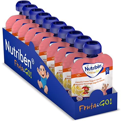 Nutribén Fruta And Go | Bolsita de puré de Frutas 100% Natural, Plátano Fresa y Yogurt Natural- Pack De 10 unidades x 90g