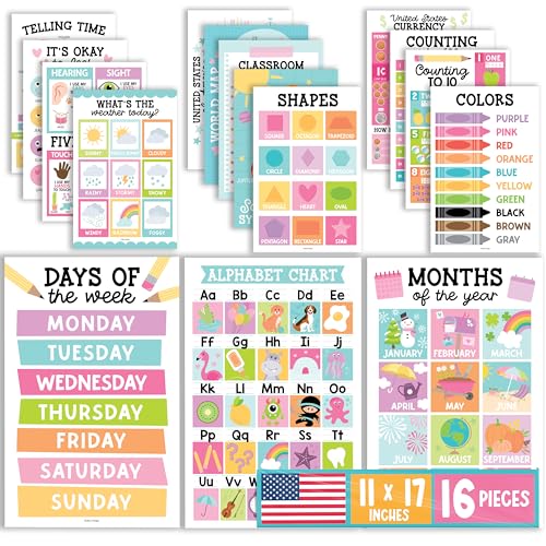 Hadley Designs 16 Educational Posters for Toddlers 1-3 - Learning Poster for Kids Ages 3-5, Alphabet Chart Playroom Homeschool Daycare & Classroom...