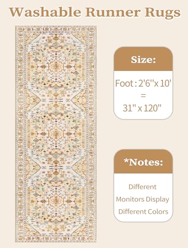 SERISSA Boho Washable Runner Rug, 2'6"x10' Rug Runner Non-Slip Vintage Light Yellow Hallway Kitchen Runner Rug Ultra Soft Print Distressed Floor Carpet Runner for Bedroom Bathroom Laundry Room