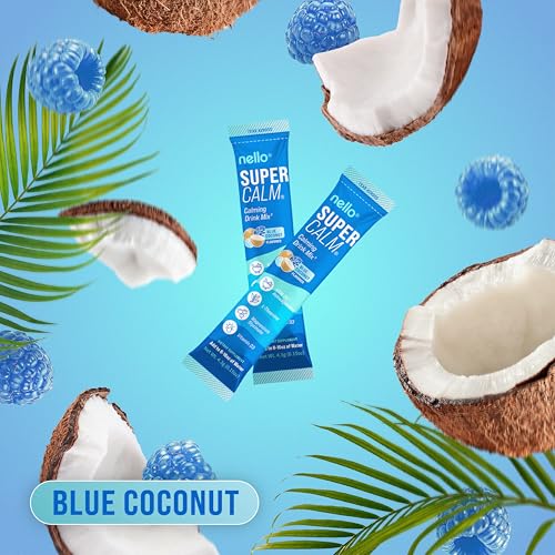 Image of Nello Supercalm Drink Mix with Magnesium Glycinate, KSM 66 Ashwagandha, Vitamin D3 and L Theanine, Calm Powder Supplements for Relaxation Support, No Sugar, Travel Packets, 20 Ct, Blue Coconut