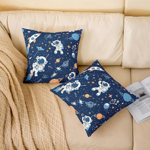 Housse coussin bleu doux Loussiesd imprimé fusée 3D déco espace 40x40