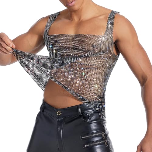 Rhinestone Crop Top Shirt Rhinestone Tank Tops Fishnet Crop Tops Mens Sheer Shirt Rave Vest Rave Tank Top Men