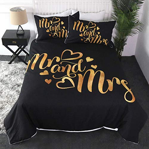 Sleepwish Mr and Mrs Bedding Sets Queen Duvet Cover Black and Gold Comforter Cover for Couple 3 Piece Gold Glitter Bedspreads Romantic Valentines Presents (Queen Size, Zipper, Corner Ties)