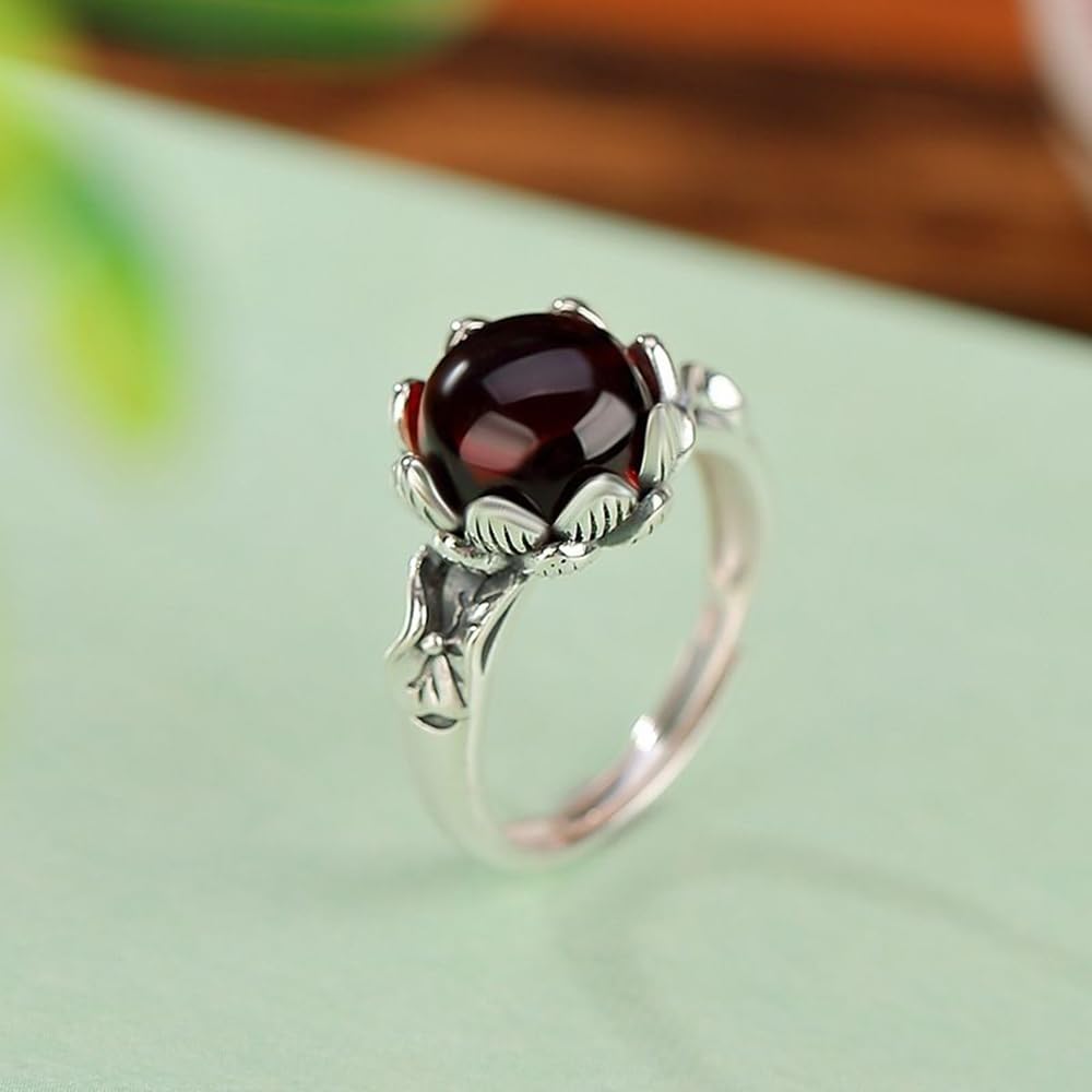 HMJGDHX Ring aus S925-Silber mit rundem Lotusblatt-Perlenring aus natürlichem rotem Bernstein (verstellbare Öffnung), Ring für Damen, echte Jade