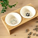 Navaris Futternapf Katze mit Bambus Halter - Futterstation Set Keramiknapf für Katzen Hunde - Keramik Fressnapf Set Futterbar mit Holz Halterung