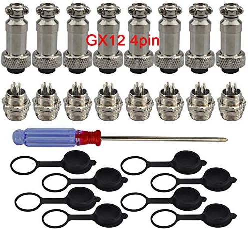 FULARR 8Pcs Premium GX12-4 Pin Aviation Connector Plug Adapter, 5A 12MM Thread Male Female Metal Panel Aviation Wire Connector Kit, with Rubber Protector Cap and Phillips Screwdriver