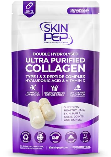 Collagen Peptide 120 Capsules 1000mg, with Hyaluronic Acid (Not Collagen Powder) - 1 Month Supply - Premium Halal Double Hydrolysed Type 1&3 Collagen Supplements for Women & Men - by SkinPep