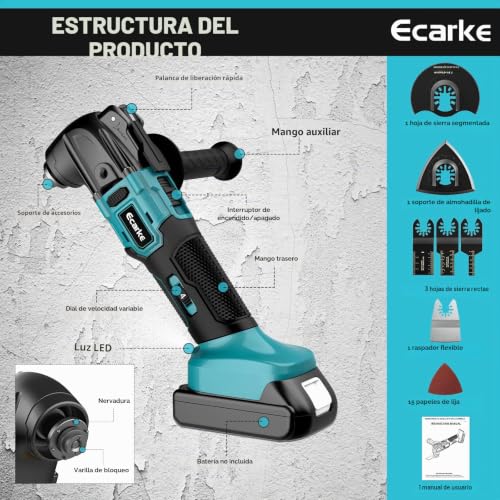 Miniatura 2 de Ecarke - Herramienta Multifuncional Inalámbrica Para Batería Makita 18 V Li-Ion, 6 Velocidades Ajustables, Motor Sin Escobillas Para Quitar, Raspar, Cortar Con 23 Accesorios Pilas No Incluidas