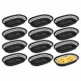 Cabilock 12 Unidades Cestas de Plástico Negras para Servir Comida - Bandejas Ovaladas para Hamburguesas, Patatas Fritas y Tapas - Cestas de Servicio Reutilizables para Hostelería, Fiestas y B