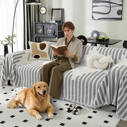 VFGFDJNDFX Funda Sofa 5 Plazas con Borlas, Reversible Fundas De Sofa Anti Gatos Antideslizante Manta Cubre Sofa Protector Foulard Sofa Antipelos Mascotas (Art - Grey, 480 * 180cm)