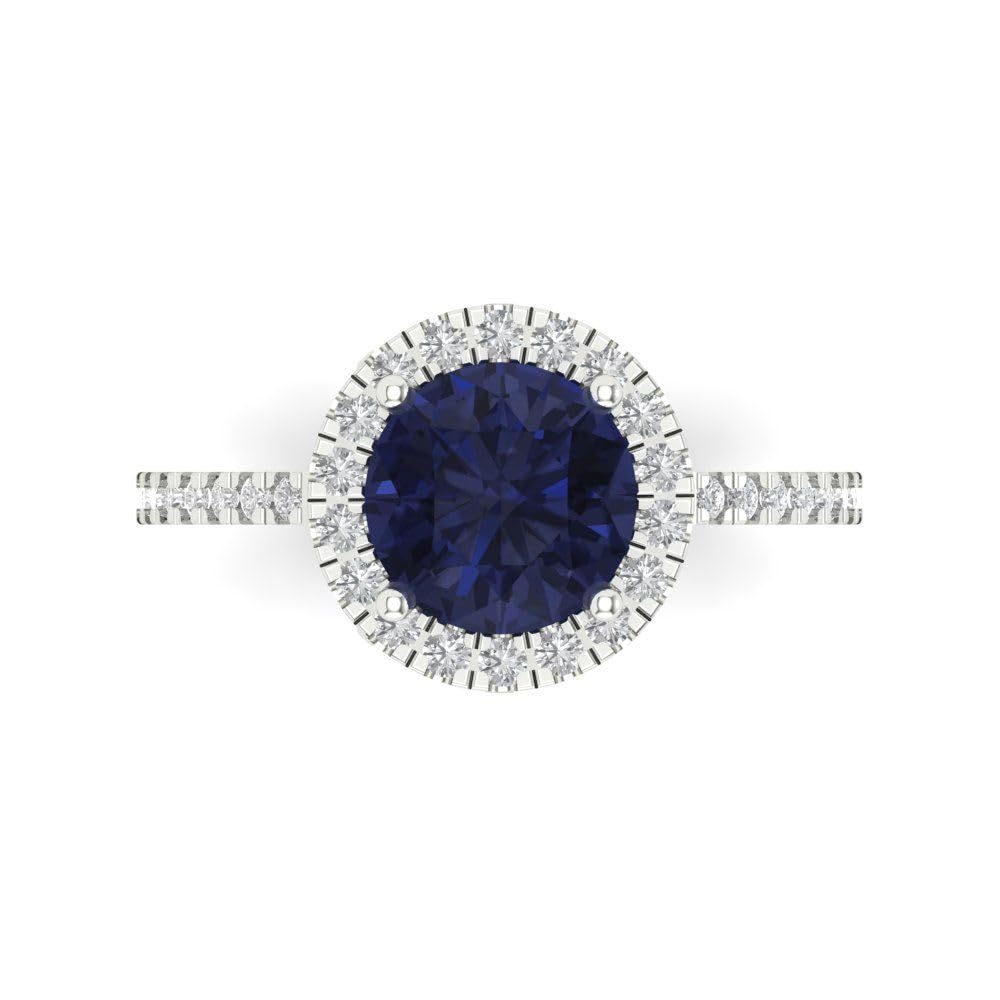 Clara Pucci 14K Solid Gold Engagement Ring for Women | 1.8 cttw Blue Sapphire Round Cut Halo | Real White Gold Wedding Ring