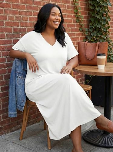 Image of All White Plus Size Maxi Tshirt Dress for Curvy Women Casual Summer Outfits Dresses Sundresses with Pockets 4XL