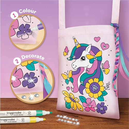 Image of Imagimake Fabric Art Unicorn | DIY Craft Kit for Girls Age 5+ | Fabric art kit: decorate 1 sling bag & 1 unicorn pouch with 5 acrylic markers, 40+ stones & ribbons; mess-free; girls 5+