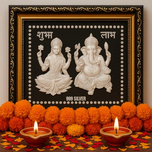 Image of Ganesh Lakshmi 999 Pure Silver God Frame | Diwali Poojan Gift for Home Temple | Lakshmi Ganesh Murti | Auspicious Festival Decor | Lakshmi Devi Idol for Wallet, Mandir, Desk