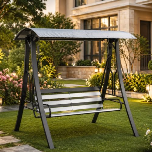Kaushalendra Outdoor Swings Jhula with Roof Hammock Chair - 3 Seater, High-Strength Iron, 350 kg Capacity, Black - self Assemble