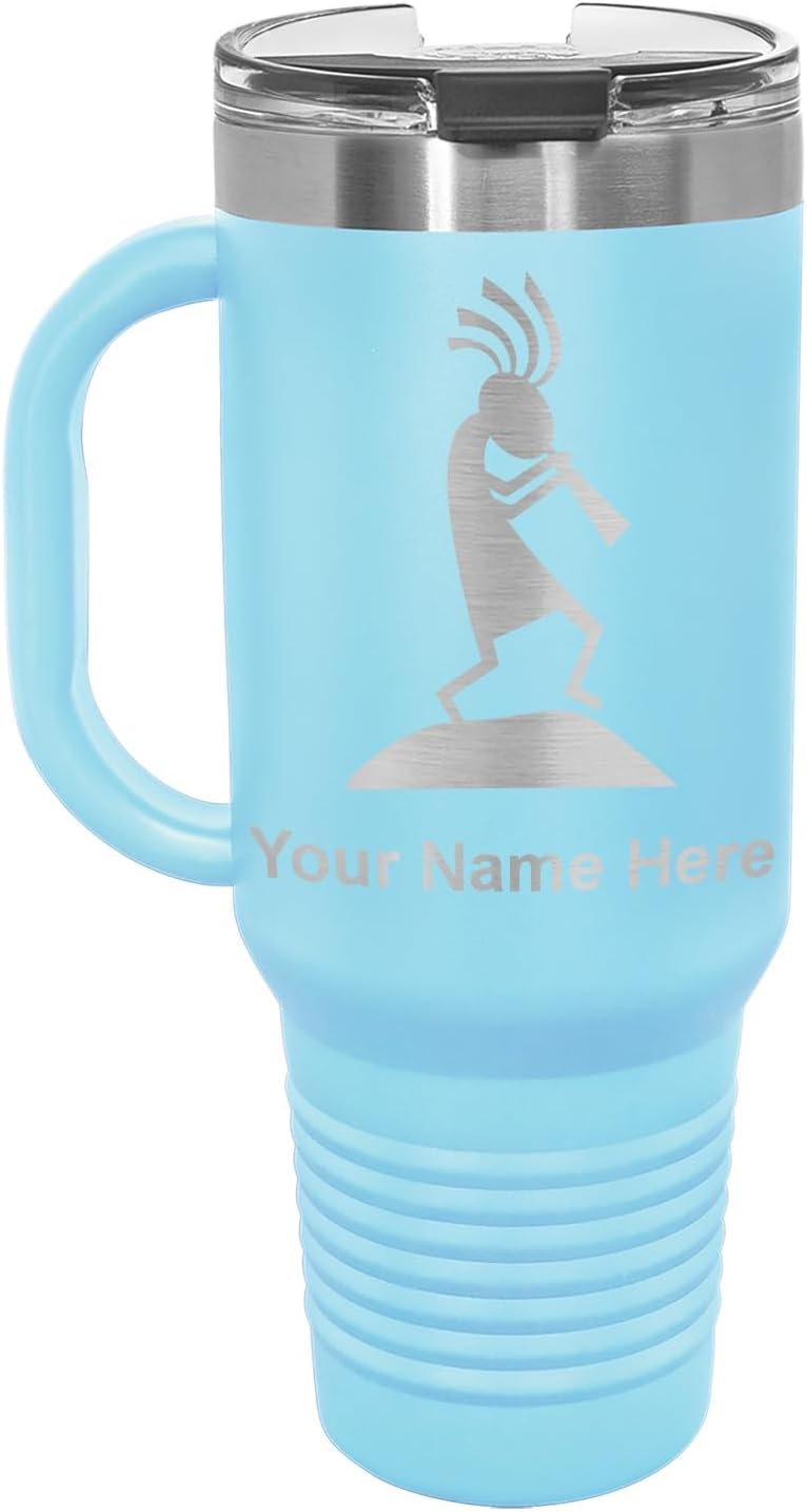 LaserGram 40oz Vacuum Insulated Travel Mug with Handle, Kokopelli, Personalized Engraving Included (Light Blue)