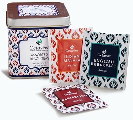 Octavius Assorted Black Tea - 25 Tea Bags | Tea Gift Sets | 3 Assorted Black Tea | Indian Masala, Assam, Darjeeling | Premium Tea Gift Box | Tea Gift Tin Pack | Tea Gift Box | Tea Gift