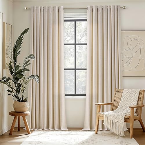 Image of 90 Inch Length 2 Panels Oatmeal Beige Linen Sheer Curtains 52x90 | Light Filtering, Semi Sheer, Grommet Drapes, Thick Linen, Privacy, Boho, Farmhouse, Window Curtain, for Bedroom