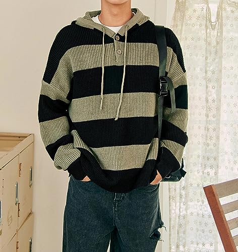 YEMOCILE Men's Striped Knit Pullover Hoodie Button Henley Side Slit Long Sleeve Drawstring Preppy Hooded Sweater4