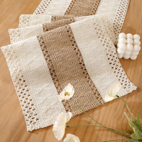 Caminho de mesa moderno tecido serapilheira juta natural 30 x 80 branco MacXLKNBCboémio, lavável, rústicos, centro de mesa decorativo sala de estar para casamentos festas batismo férias