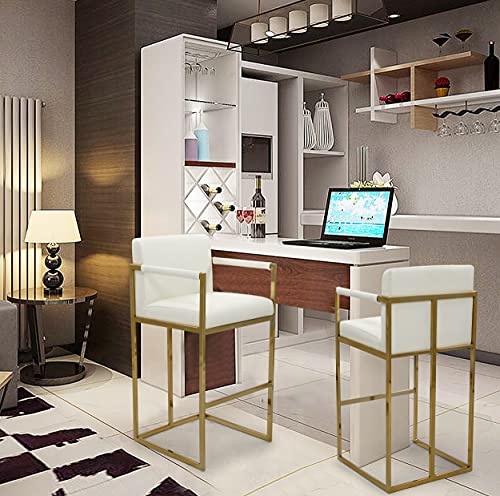 Iconic Home Quest Bar Stool Chair Pu Leather Upholstered Square Arm Design Architectural Goldtone Solid Metal Base Modern Contemporary, Cream #TOP5
