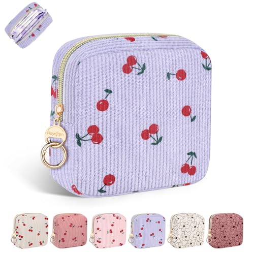 Image of Period Bag for Teen Girls, Corduroy Sanitary Napkin Pouch, C-Lilac | Cherry Menstrual Pad Pouches Tampon Holder for Purse, Period Pouches for Storage Sanitary Napkin, Menstrual Cup, Pad, Tampo