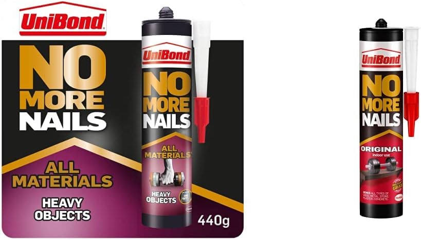 UniBond 2492936 No More Nails All Materials Heavy Objects Construction Adhesive, White, 440 g Cartridge & UniBond 1426052 No More Nails Original, Heavy-Duty Mounting Adhesive, 1 x 365g Cartridge