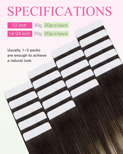 Image of YoungSee Dark Brown Tape in Hair Extensions, Balayage Tape Hair Extensions Real Human Hair, Dark Brown Roots Ombre Ash Blonde, Hair Extension Tape in Ombre, for Short Hair, 12 Inch 20pcs 30g
