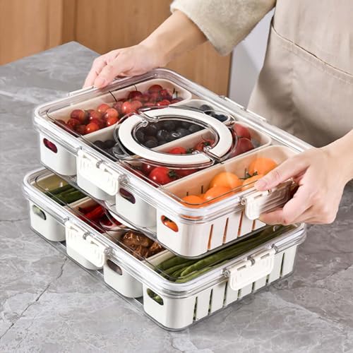 Divided Serving Tray with Lid and Handle, Snack Box Charcuterie Container Portable Fridge Organizer for Fruits, Veggie, Candy, N