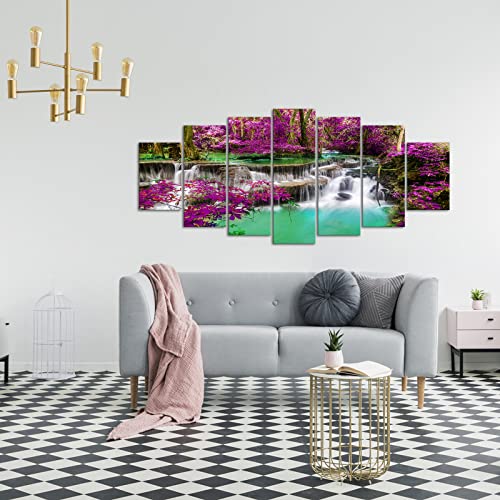 Iknow Foto Huge 7 Panel Canvas Wall Art Waterfall In Autumn Forest Picture Prints Green And Purple Tree Landscape Painting Artwork For Home Living Room Office Decor Framed Ready To Hang 70X32Inch #TOP3