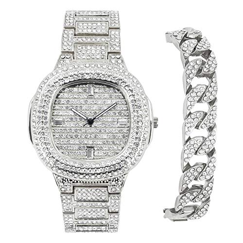 Men's Hip Hop ICY Square Dial Bling-ed Out Watch Fully Bust Down with Simulated Diamonds + Iced Out Cuban Bracelet - 2-Piece Set (Quartz Movement)