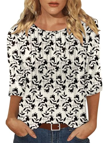 KISSMODA Tunic Tops for Women Loose Fit Dressy Round Neck Pleated 3/4 Length Sleeve Spring Tops