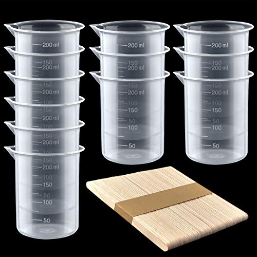 Coopay 12 Pack 200ml/6.8oz Plastic Beakers Epoxy Mixing Cups, Plastic Graduated Cups Clear Multipurpose Measuring Cups with 50 Pack Wooden Stirring Sticks for Resin, Epoxy, Stain, Mixing Paint