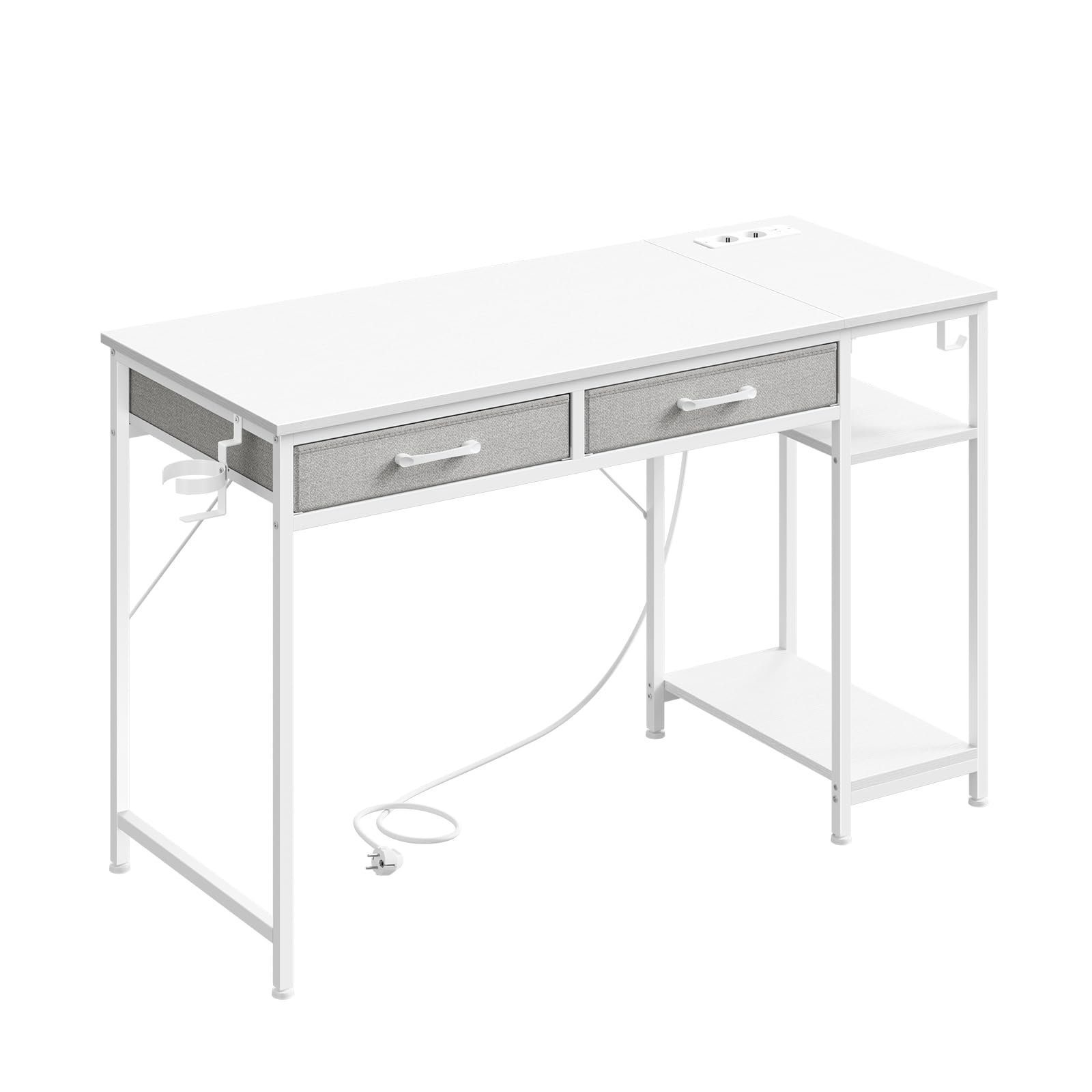 WOLTU Mesa Escritorio con 2 Cajones y 2 Estanterías, Puerto USB Tipo C y Estación de Carga, Portavasos y Gancho, para Estudio y Oficina, 120x51x75 cm, Blanco